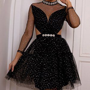 Cutout Mock Neck Mesh Dress